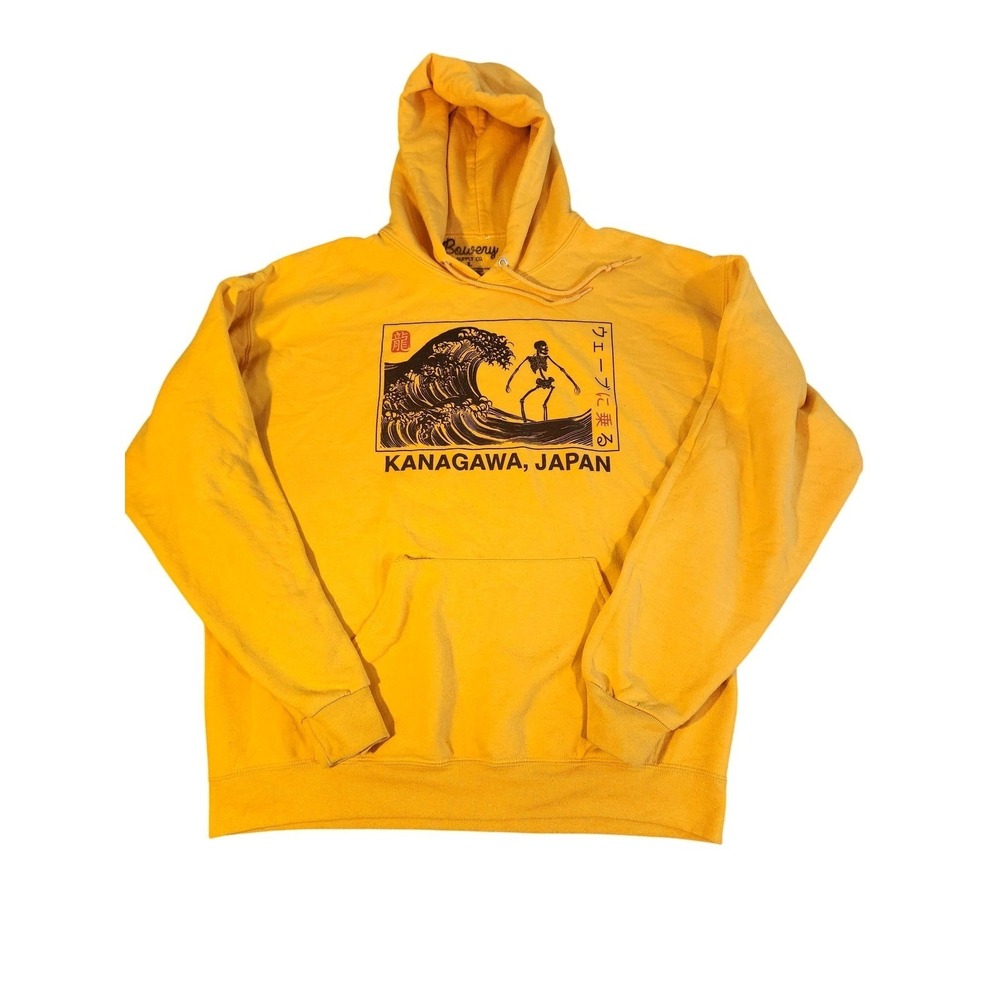 Kanagawa Japan Skeleton Surfing the Great Wave Yellow Graphic Hoodie Mens Large
